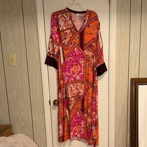 Natori Pink and Orange KAFTAN Maxi Dress Satin Cuffs/Trim M Medium